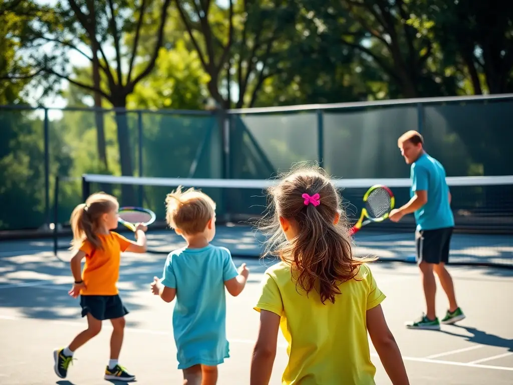 A group of children participating in a tennis lesson on an outdoor court, focusing on basic tennis strokes with a coach providing guidance.
