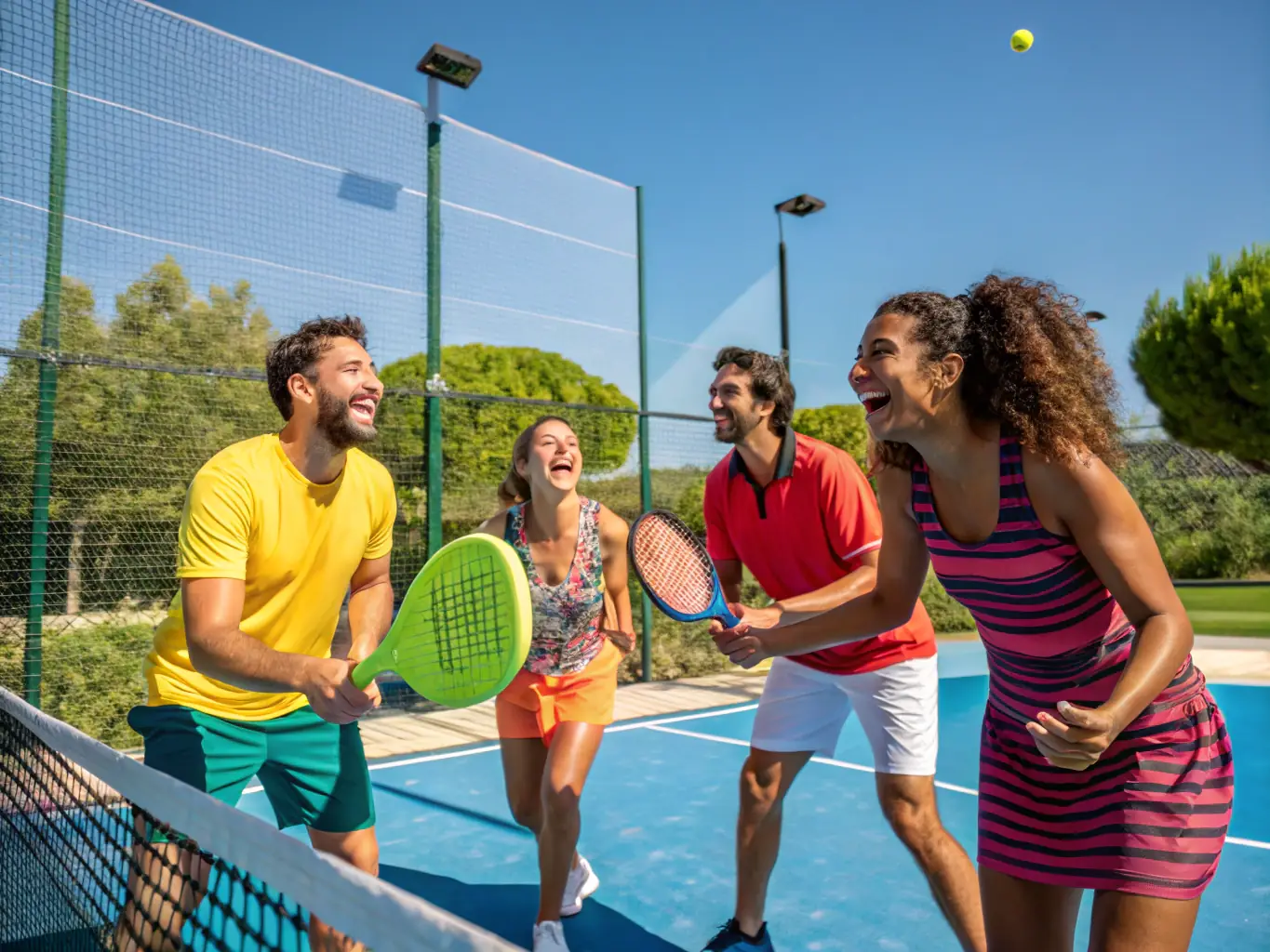 A group of senior citizens playing doubles tennis on a sunny day, showcasing active participation and social interaction.