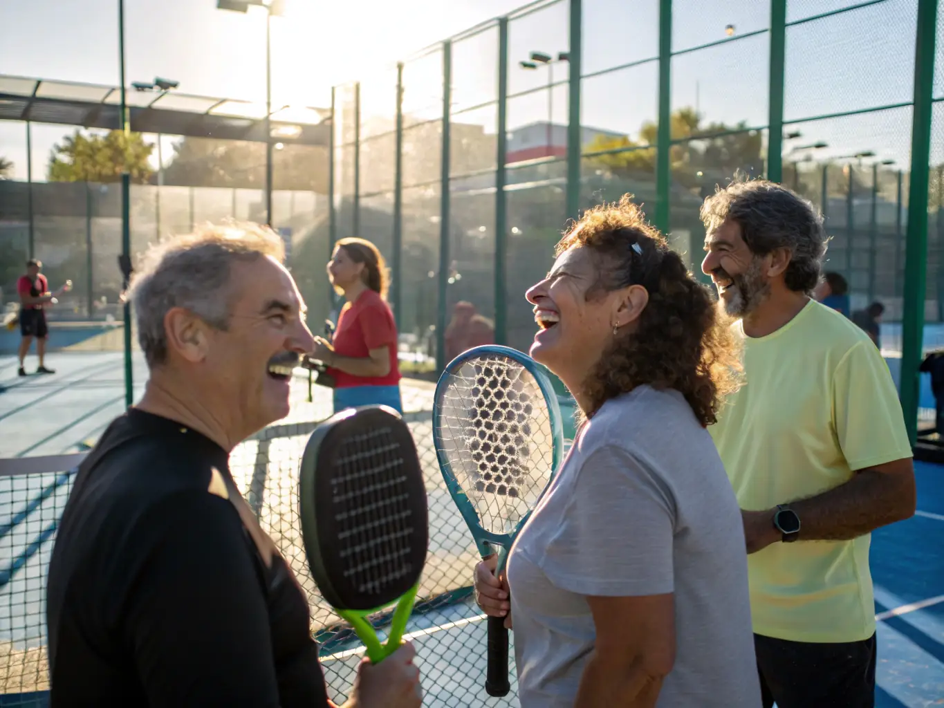 A photograph capturing the lively atmosphere of a TCV Tennis Club social event, with members laughing, chatting, and enjoying refreshments together.