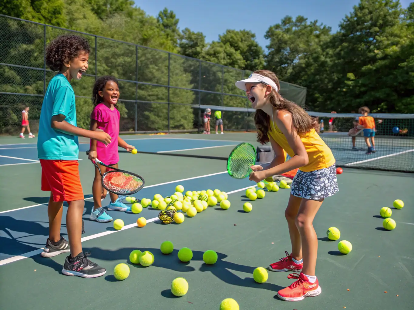 A dynamic image showcasing children participating in a junior tennis clinic, with a coach providing instruction and encouragement, set against the backdrop of the TCV tennis courts.