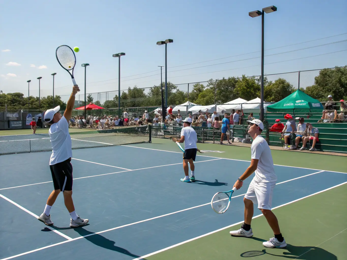 An image of adult players engaged in a friendly doubles match on a sunny day, highlighting the social and competitive aspects of adult tennis programs at TCV.